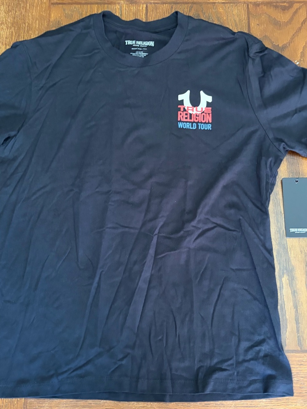 True Religion Men's Black w Red & Blue Accent 'World Tour' Logo T-Shirt Sz M NWT